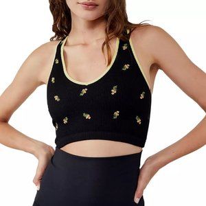 Free People FP Movement Free Throw Embroidered Crop Tank Top, S, Black Floral
